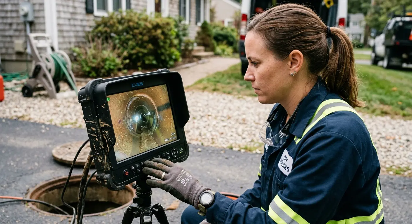 Technician reviewing sewer camera inspection footage in Grain Valley