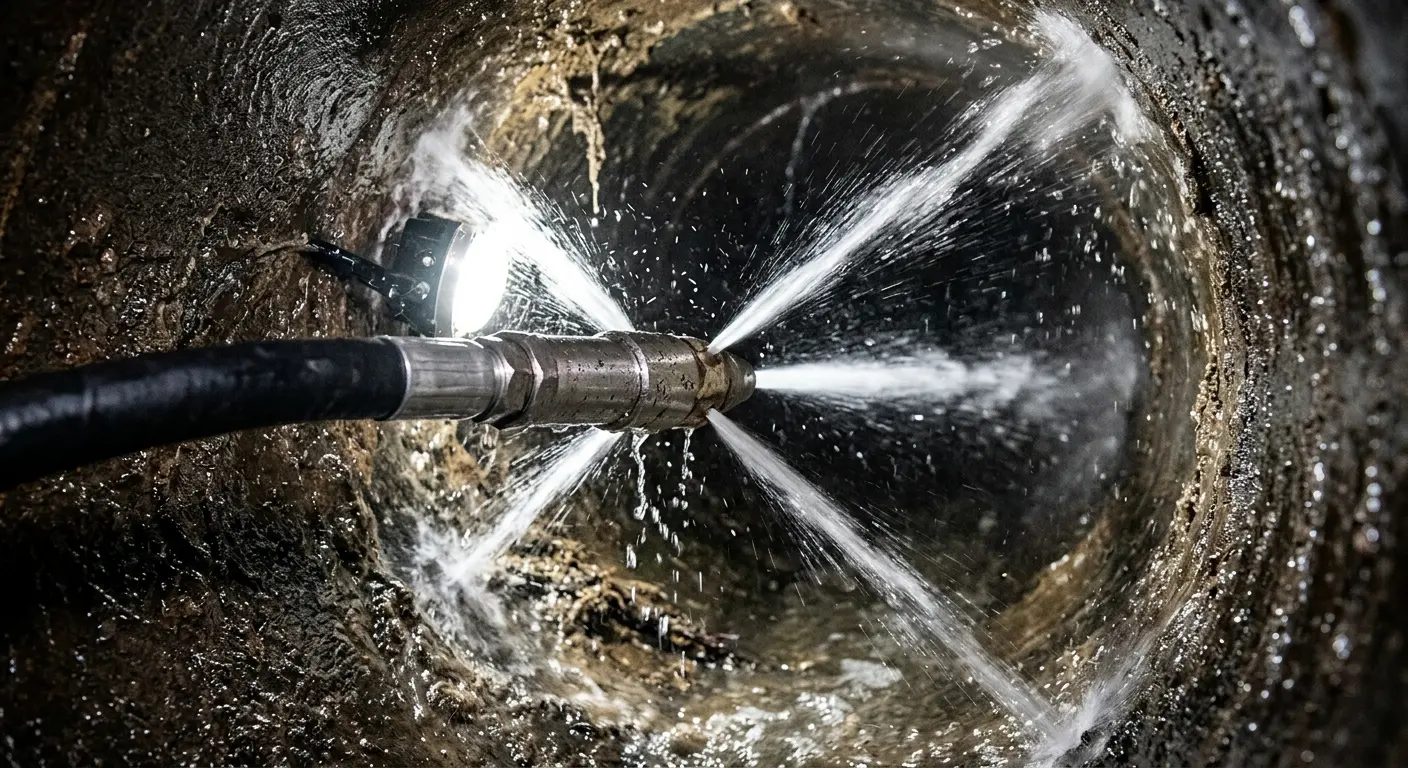 High-pressure hydro jetting nozzle cleaning sewer pipe for Storm Drain Cleaning in Grain Valley
