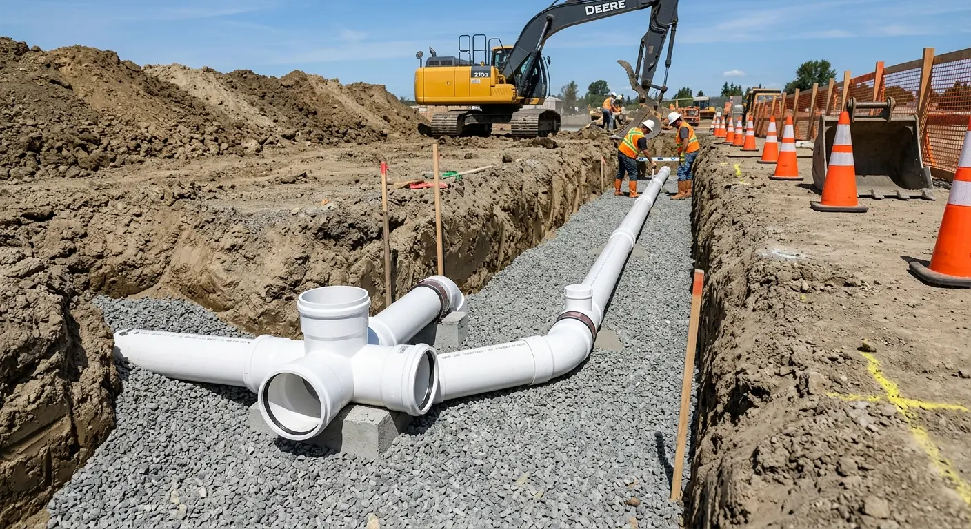New PVC sewer pipe installation in open trench for Sewer Camera Inspection in Grain Valley