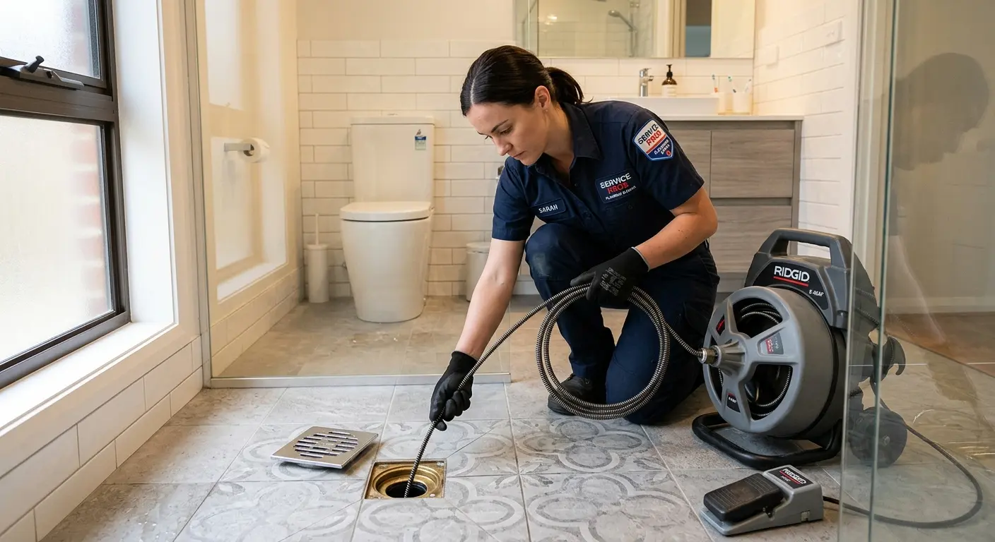 Technician clearing a bathroom floor drain for Sewer Line Installation in Grain Valley